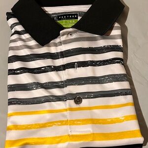 PGA Tour Pro Series L Shirt Golf Polo Athletic Stretch Striped Black Yellow Gray